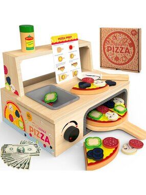 Wooden Pizza Play Set, 48 PCS Montessori Pretend Food Toy for Kids Ages 3